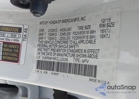 2016 Honda Cr-V Touring from USA, damaged, VIN 5J6RM4H96GL025056